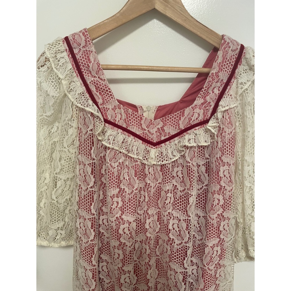 Andrade Honolulu Vintage‎ Lace Maxi Dress Pink Square Neck 3/4 Sleeve XS - Picture 3 of 5